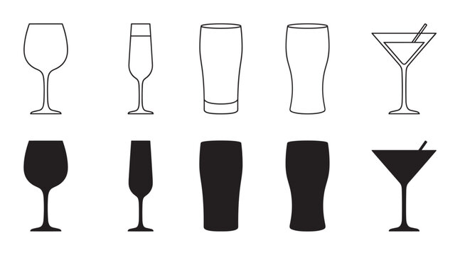 Collection of black beverage glasses in silhouette and outline styles, including wine, champagne, beer, and cocktail glasses for a bar menu or party concept illustration