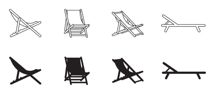 Set of beach chair icons in outline and silhouette styles for summer vacation themes, featuring various deck chairs and a sun lounger in a minimalist black and white design