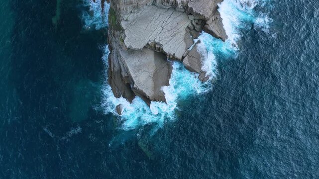 Aerial view from a drone of the coastline near Punta Ballota in the municipality of Suances. Cantabrian Sea. Cantabria. Spain. Europe
