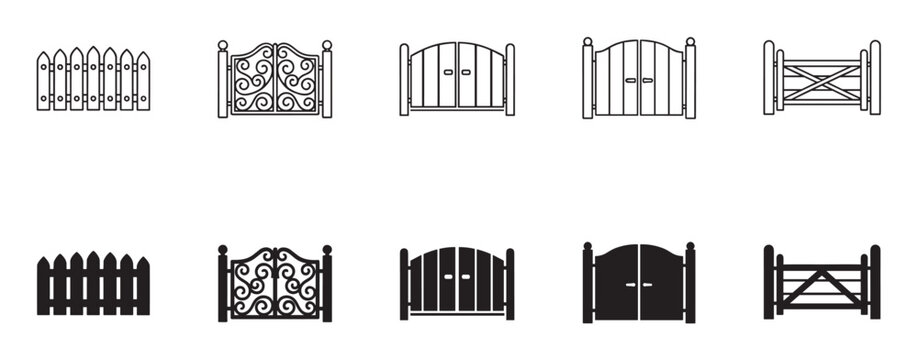 Collection of gate and fence vector icons presented in both outline and solid black silhouette styles, featuring picket, rustic, and ornate wrought iron designs