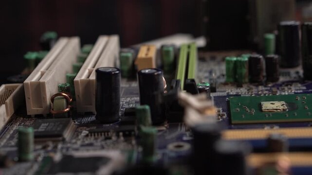 Computer Motherboard, Close Up of Electronic Components, Slots and Sockets
