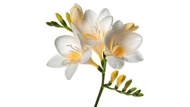 Close view of white freesia flowers with green buds isolated on transparent background cut out