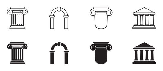 Black and white vector icon set of classical architectural elements including an Ionic column, archway, and temple facade presented in line art and silhouette versions