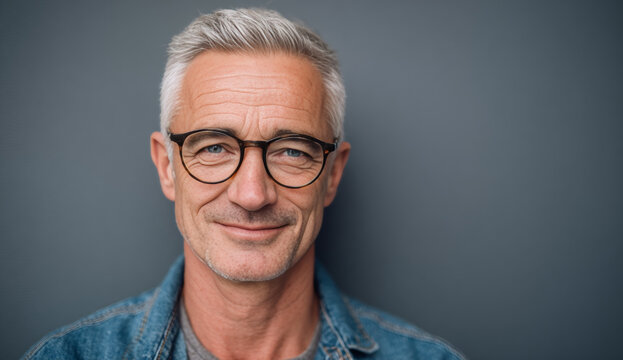 Portrait of an attractive middle-aged man with short gray hair, wearing round black glasses, dressed in a casual denim jacket against a neutral gray background