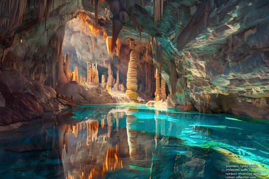 Prismatic Crystal Cavern with Reflective Walls and Iridescent Glow Light waterfall in the cave