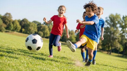 Children playing soccer on grassy field under sunny sky  