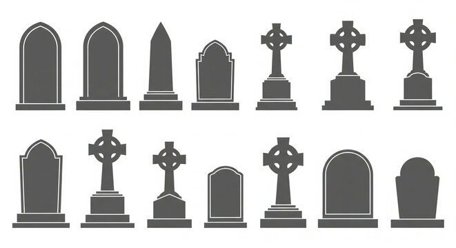 :
Gray cemetery gravestone silhouette vector set with classic headstones