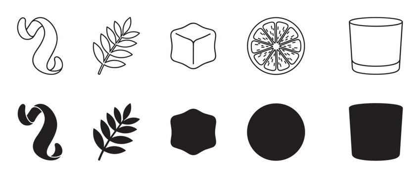 Minimalist vector icon set for cocktails and beverages with a citrus twist, leafy garnish, ice cube, orange slice, and rocks glass, presented in thin line and filled silhouette versions