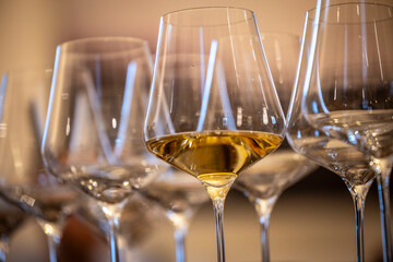 a glass of white wine under empty glasses