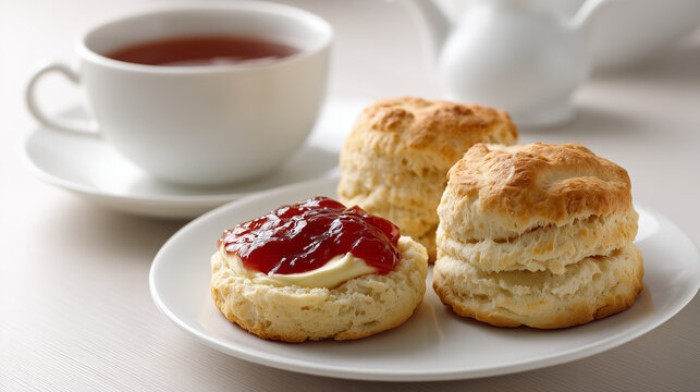 Enjoy a classic English tea set featuring scones with jam and clotted cream alongside a cup of tea.