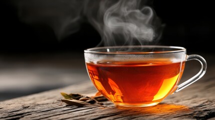 A steaming cup of tea on a wooden table.