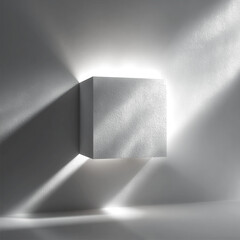 A dark cube floats within shadows, emerging from a textured surface with dramatic light