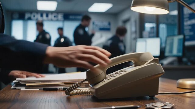 Police officer using rotary phone in busy station, dispatch desk