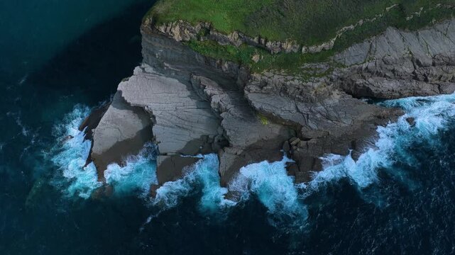 Aerial view from a drone of the coastline near Punta Ballota in the municipality of Suances. Cantabrian Sea. Cantabria. Spain. Europe