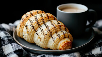 A croissant with sesame seeds and a cup of coffee.