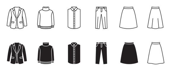 Collection of black and white clothing icons featuring a blazer, turtleneck, shirt, trousers, and skirt in both line art and solid glyph styles for a fashion concept