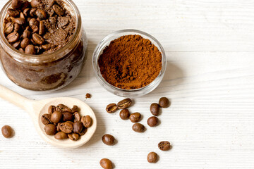 handmade coffee-cocoa scrub on wooden background close up