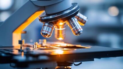 A microscope in use, with the objective lens focused on a sample.