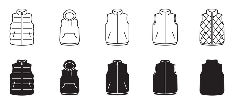 Set of sleeveless vest icons showing different styles of outerwear including puffer, hooded, and quilted gilets in both line art and solid black silhouette vector illustrations