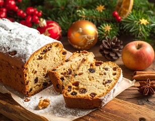 Sliced fruitcake dusted with powdered sugar, Christmas setting