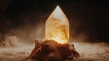 A radiant crystal, glowing with an ethereal light, sits atop a rugged rock formation in a dark, mysterious cave.