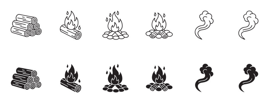 Set of black campfire icons including firewood logs, burning flames, and smoke wisps in both outline and solid glyph styles for graphic design