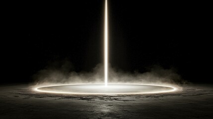 A bright light beam emerges from a circular opening in a dark, rocky surface.