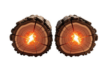 Two wooden logs with glowing embers on a transparent background for camping or firewood