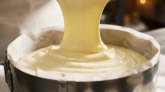Pouring Cake Batter into Baking Pan - Close-up