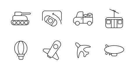 Transport type set icon. Tank, capsule exit, delivery truck, cable car, balloon, spaceship, plane, zeppelin, movement, flight, logistics, vehicle, travel © Anastasia