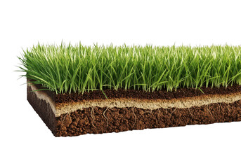 A layered crosssection of green grass with soil and sand isolated on transparent background