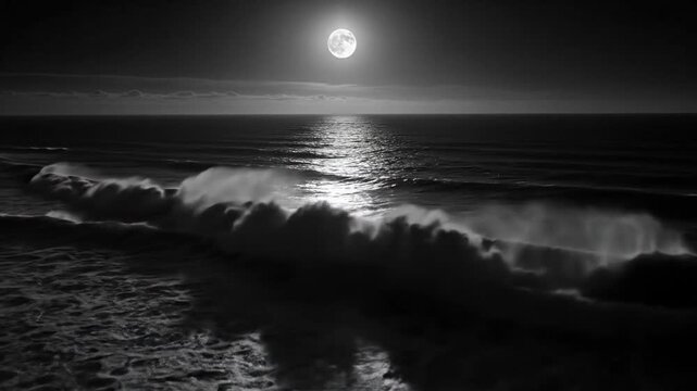 Dramatic full moon illuminates the dark ocean, casting a silvery glow on the rippling waves at night.