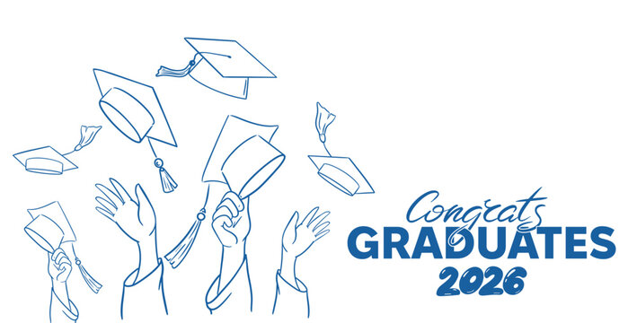 Congrats Graduates 2026. Doodle illustration of Graduation caps in the air and students hands. Ideal for graduation cards, banners, posters, school events, and education concepts.