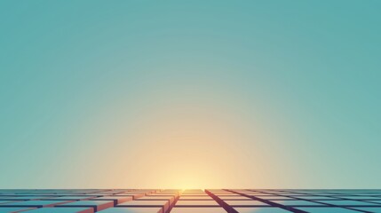 A digital illustration of a futuristic cityscape at sunrise.