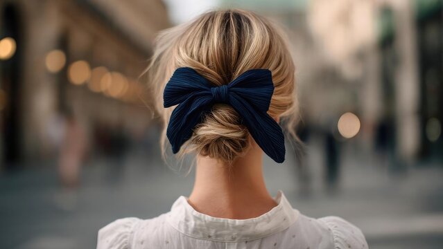 Back view of a blonde person with a low bun tied with a large navy blue bow. Concept Back view portrait, Blonde hair, Low bun with navy blue bow, Large bow detail, Soft lighting