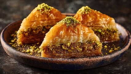 Baklava triangles with flaky phyllo, nut filling, and crushed pistachios on top. Concept Baklava Triangles, Flaky Phyllo Pastry, Nut Filling, Crushed Pistachios, Middle Eastern Dessert