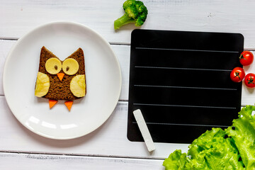 kids menu owl shaped sandwich place for text top view