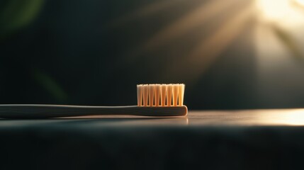 A wooden toothbrush with white bristles sits on a reflective surface.