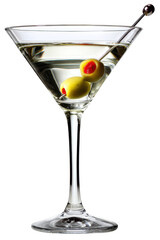 martini cocktail in a glass with olives isolated on transparent background