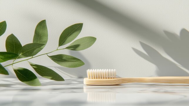 A wooden toothbrush with white bristles sits on a marble countertop, accompanied by a green leafy plant.