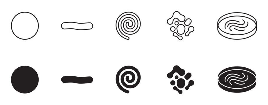 Black bacteria and microorganism icon set showing different shapes like coccus, bacillus, and spirillum in outline and solid glyph styles for science and biology concepts
