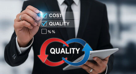 Business professional choosing quality and cost balance on virtual screen