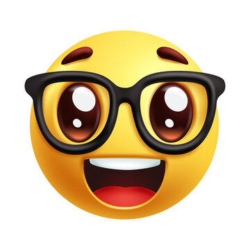 Cheerful nerd emoji face smiling with excitement and joy, isolated on transparent background, png