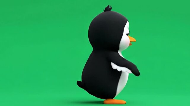 A cute baby penguin bird character stands on the beach and rocks in a funny cartoon illustration of winter nature and Antarctica wildlife, an animated video. 