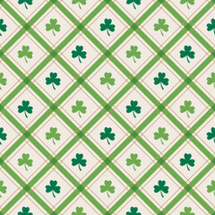 Seamless Saint Patrick Shamrock Leaves On Diagonal Plaid
