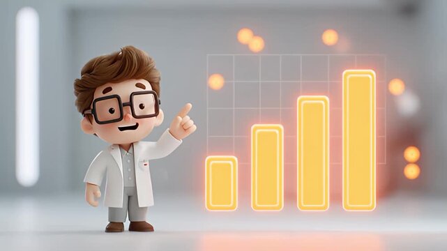 A 3D cartoon scientist points at a glowing yellow bar graph with increasing values in a modern laboratory setting from a slightly elevated viewpoint