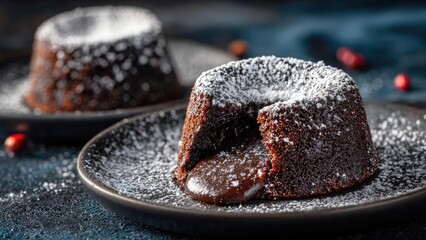 Chocolate lava cake with a gooey molten center, dusted with powdered sugar on a dark plate. Concept Molten chocolate lava cake, Gooey center, Powdered sugar dusting, Dark plate presentation