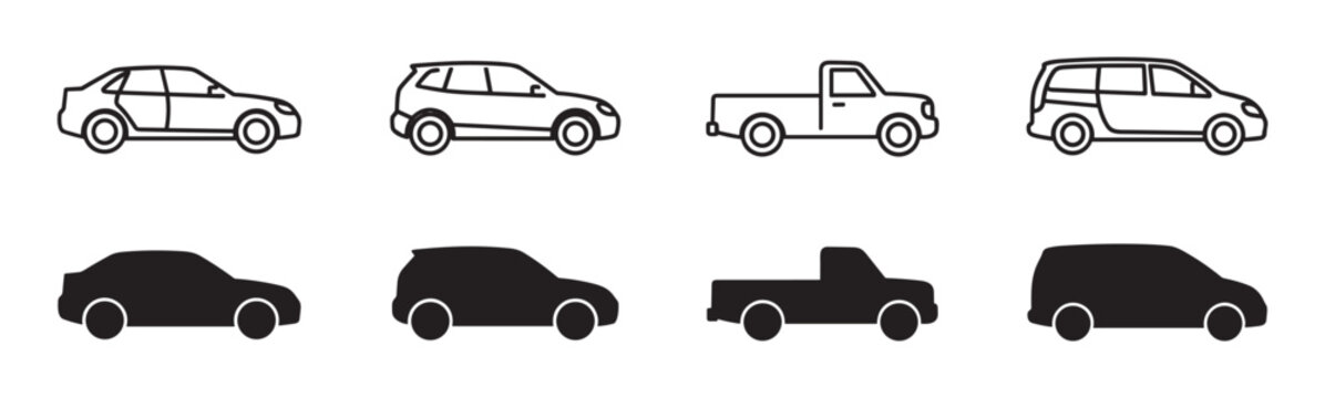 Set of black car vector icons showing different vehicle types like sedan, SUV, pickup truck, and minivan in both line art and solid silhouette styles from a side view