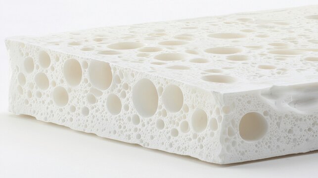 A white, porous, cube-shaped object with a rough texture and numerous holes.