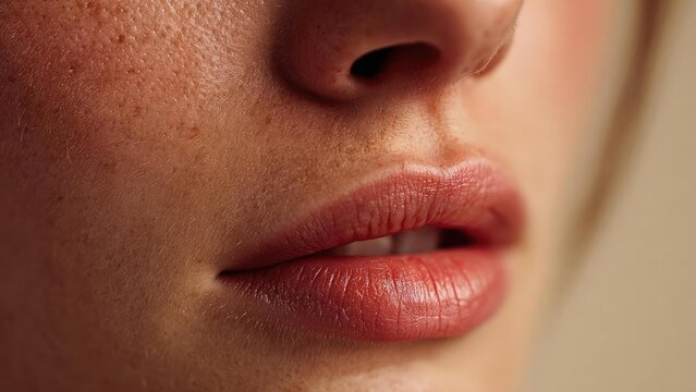 Close-up of a person&rsquo;s lips and nose, showing detailed skin texture. Concept Close-Up Portrait, Lip Texture, Nose Details, Macro Skin Texture